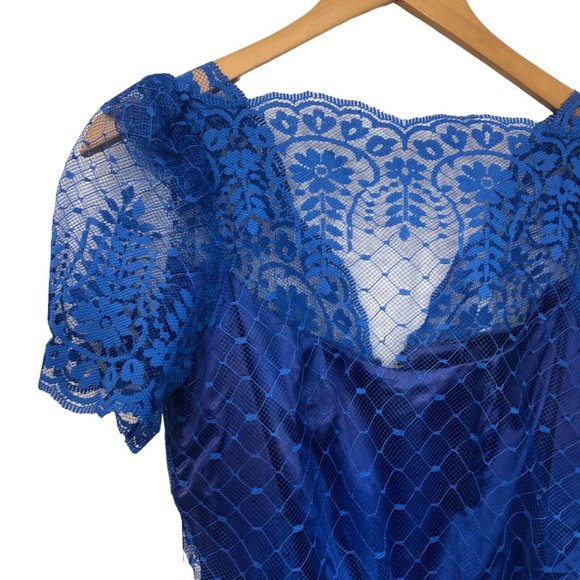Vintage 70s Blue Lace Overlay Formal Fit and Flare Full Length Dress - Picture 7 of 8